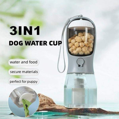 3-in-1 dog water cup with food container and waste bag compartment, portable pet water dispenser with filtration system and lockable button