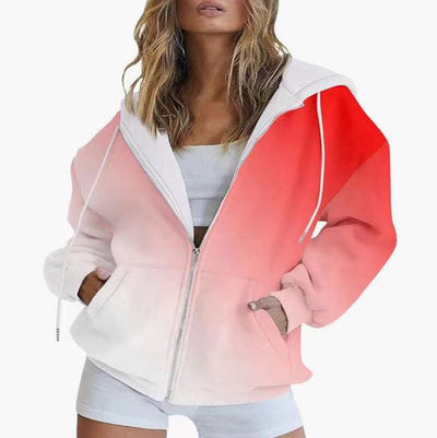 Women's gradient 3D digital printing casual long-sleeved zipper hooded sweatshirt in white and red.