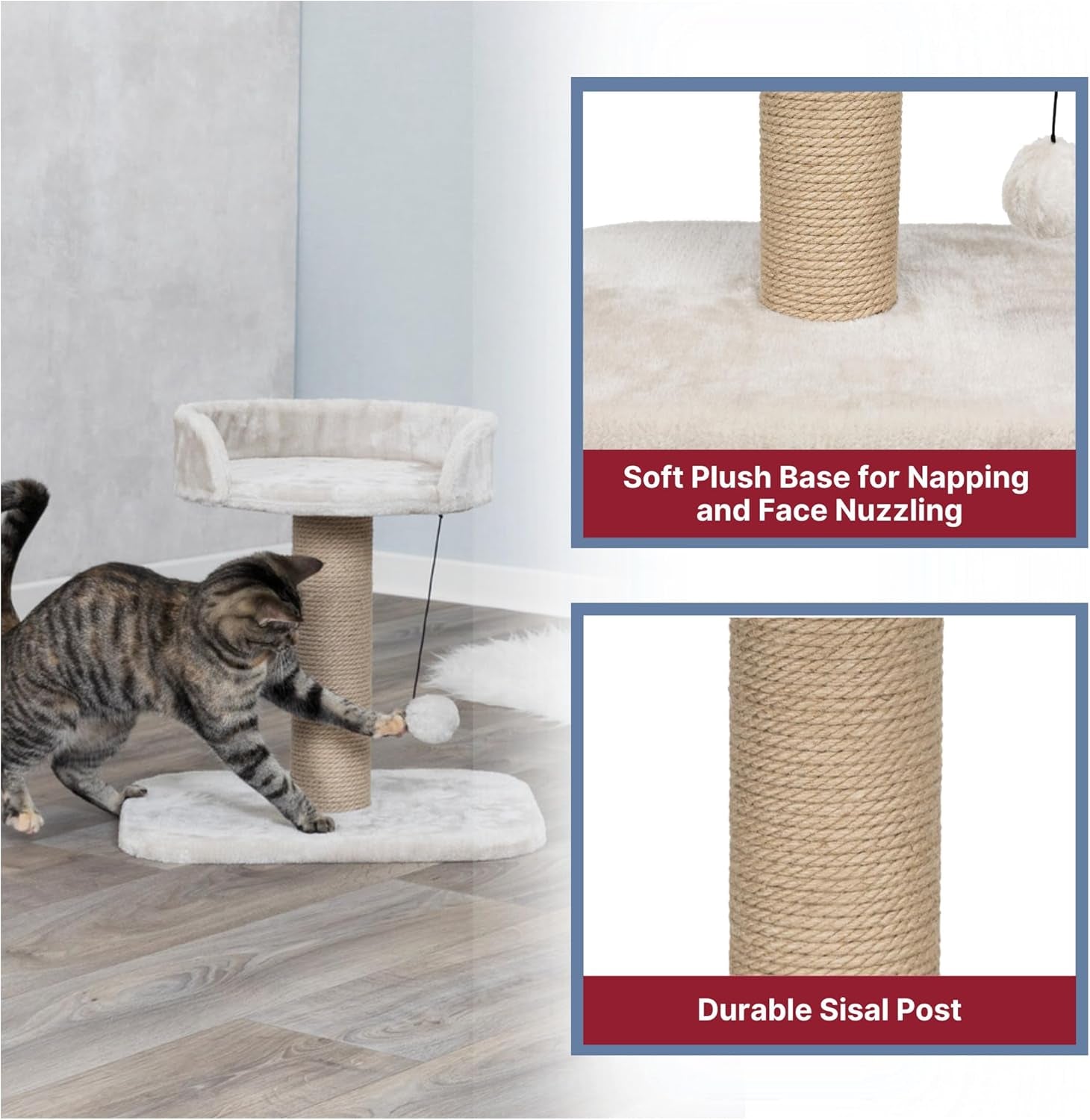 Mica Cat Scratching Post 18.1 Inch - Cat Scratcher with Soft Fabric Covering Base and Durable Sisal Rope - with Padded Platform & Dangling Cat Toy - in Greige