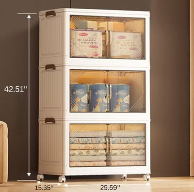 25.6 inch wide beige collapsible storage box with clear doors and three stackable layers on wheels