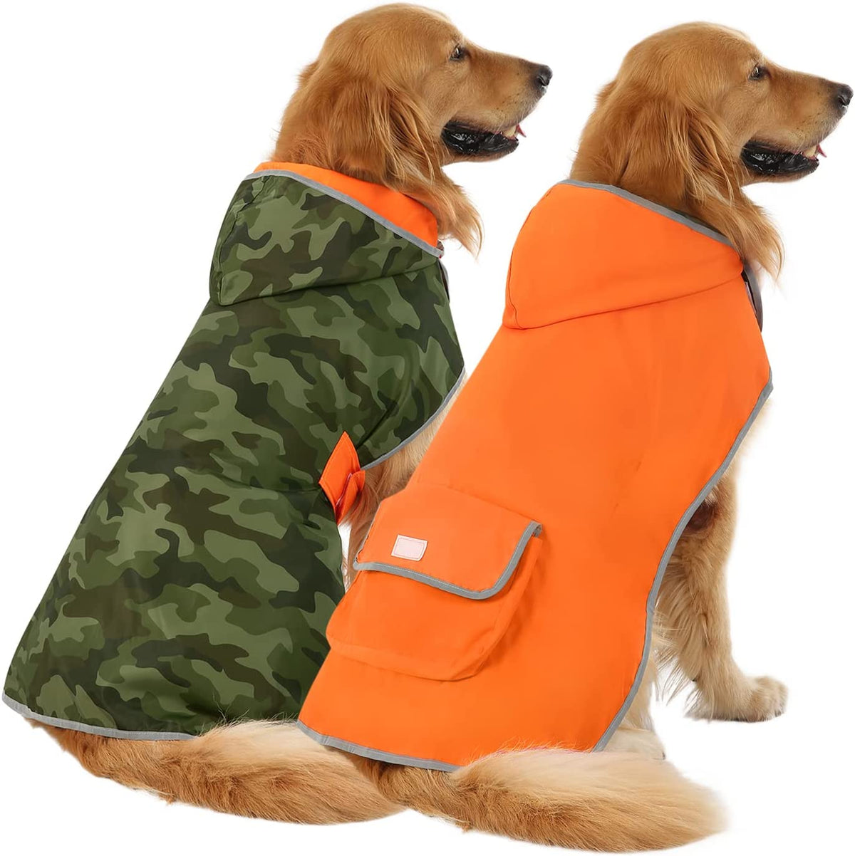 Reversible Hooded Dog Raincoat - Camo Orange Slicker Poncho Jacket for Small, Medium, and Large Dogs, Size L