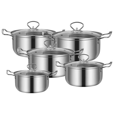 11-piece stainless steel induction cookware set with non-stick pots and glass lids