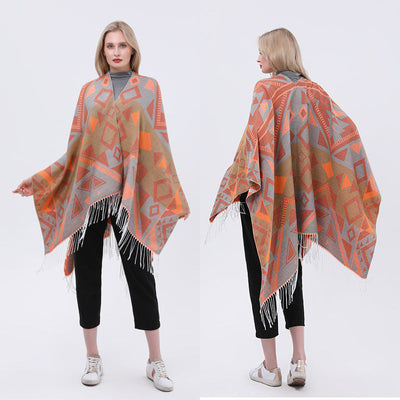 Retro ethnic geometric shawl in gray, coral, light yellow, purple, camel colors with rough edges.