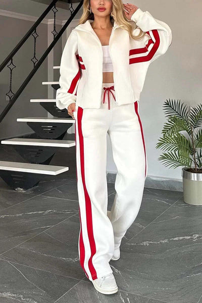 White Y2K striped zip top jacket and matching sportssuit pants with red side stripes for women