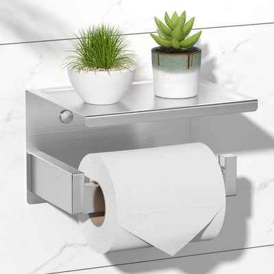Brushed nickel toilet paper holder with adhesive mount and integrated shelf for bathroom organization