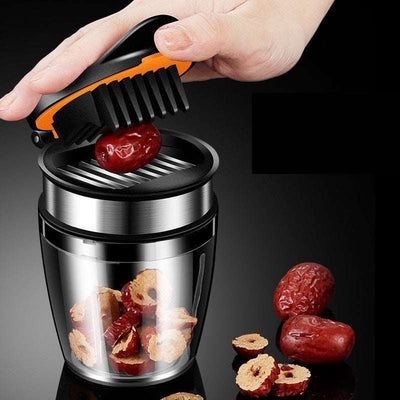 Modern kitchen gadget with integrated fruit cutter, showcasing a red date being sliced into a container, made of 304 stainless steel.