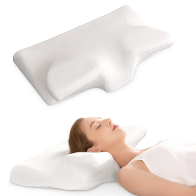 White cervical memory foam pillow with ergonomic contour design for neck and shoulder support, suitable for side, back, and stomach sleepers.