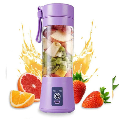 Purple portable blender USB rechargeable juicer cup with mixed fruits for smoothies and shakes.