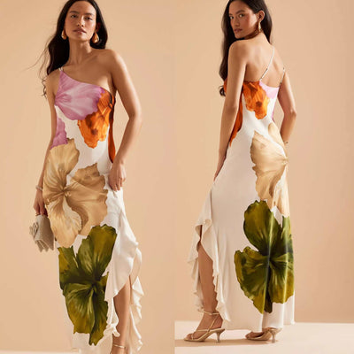 Oblique shoulder floral print dress in polyester for spring and summer, available in sizes S to XL.