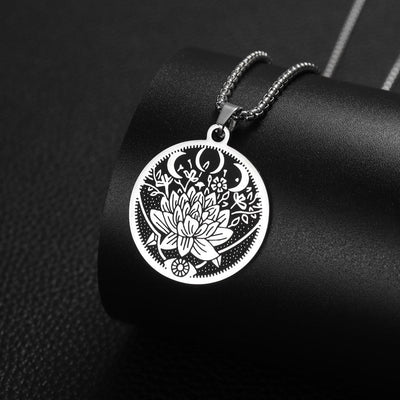 Stainless steel flower moon pattern titanium steel pendant necklace on O-ring chain.