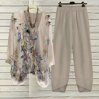 Women's clothing digital printed two-piece sports and leisure suit with floral V-neck top and beige pants