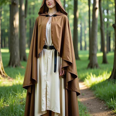 Woman wearing brown vintage hooded cloak cape with buttons over cream dress in forest setting