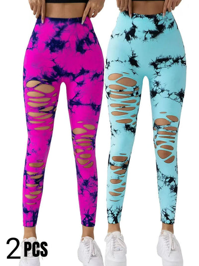 Two-piece set of high-waisted hollow-out tie-dye yoga pants in pink and blue with tummy control and breathable fabric