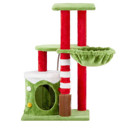Christmas-themed cat house with green plush hammock, red and white scratching posts, and cozy condo for cats to play and rest