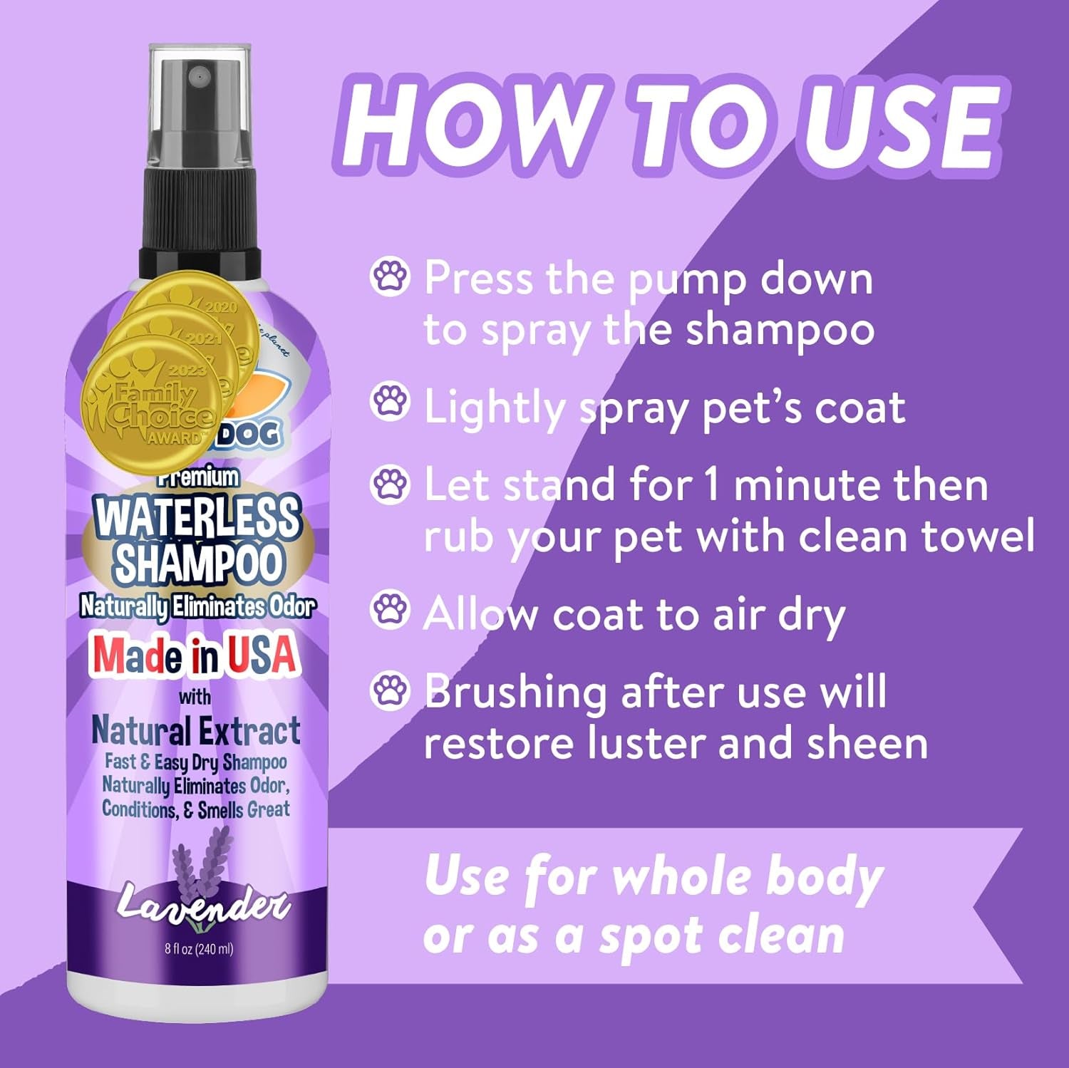 Waterless Shampoo - Natural Dry Shampoo for Dogs & Cats - Neutralizes Pet Odor - No Rinse Required - Made of Natural Extracts - Safe for Sensitive Skin - Made in USA - Lavender (8 Fl Oz)