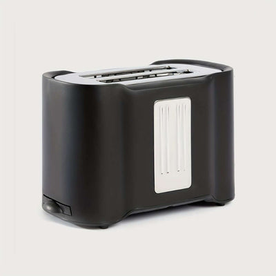Black 2 slice toaster with wide slots and stainless steel crumb tray for easy cleaning