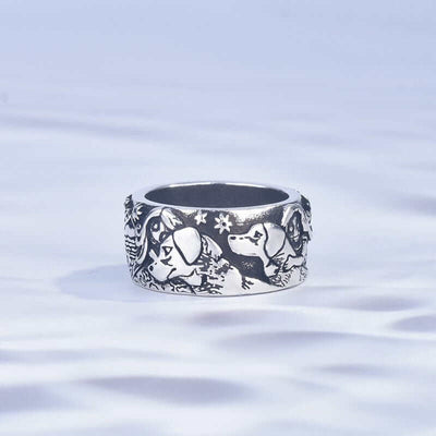 Copper Dog and Girl ring with engraved dog and girl designs under stars, electroplated geometric style ring