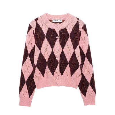 Women's diamond jacquard coat in pink and brown print design, with long regular sleeves.