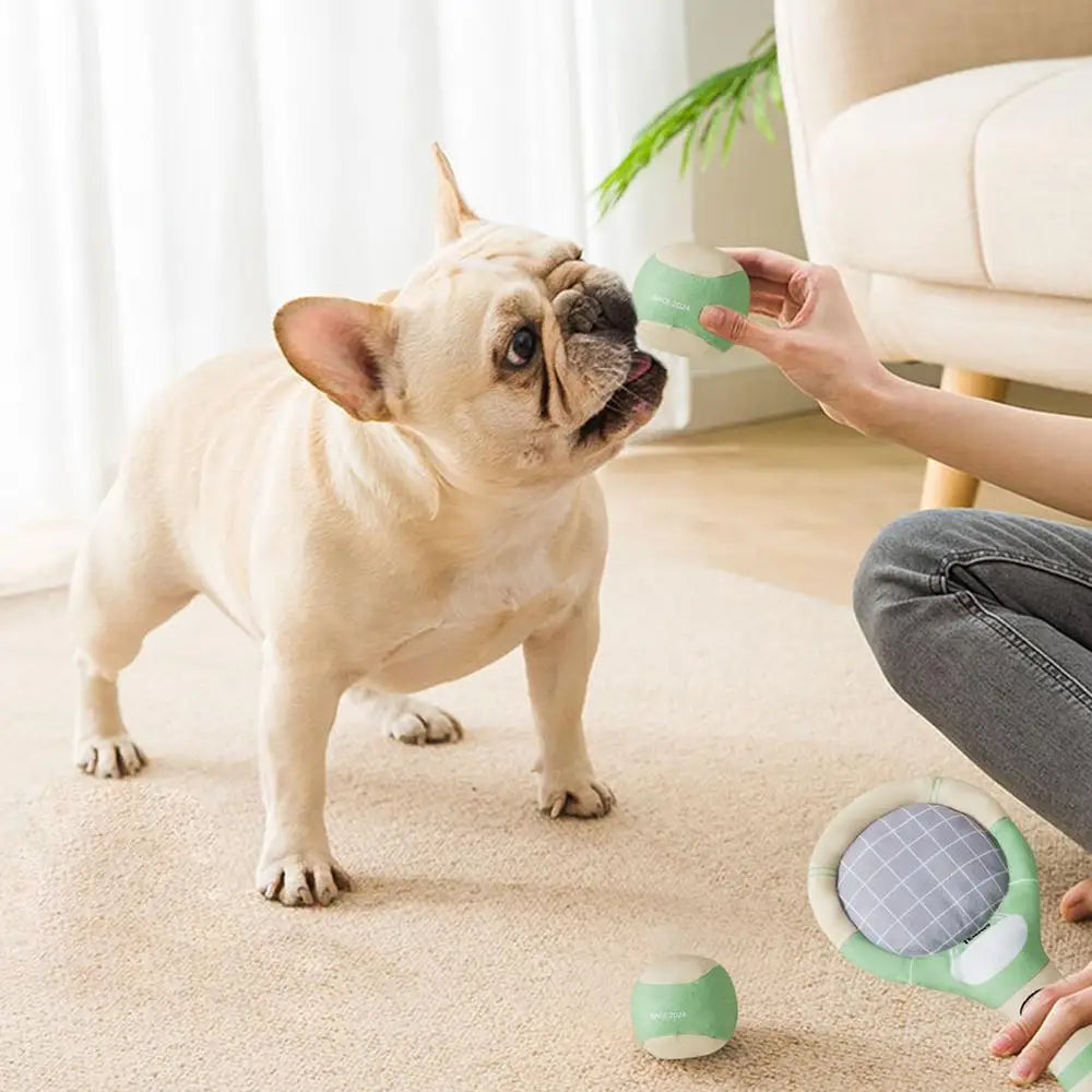 Stuffed Dog Toys Funny Puppy Squeaky Tennis Balls And Racket Set For Teething Chewing Indoor Outdoor Chew Play Dog Toys For