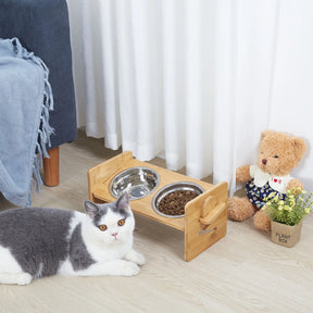 Wooden Raised Cat Bowls, Food Container, Drinking Dish, Bamboo Stand, Stainless Bowl, Height Adjustable