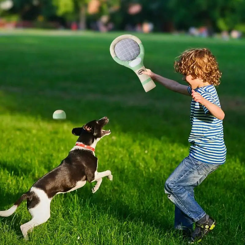 Stuffed Dog Toys Funny Puppy Squeaky Tennis Balls And Racket Set For Teething Chewing Indoor Outdoor Chew Play Dog Toys For