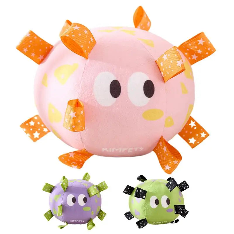 Plush football dog toy with bell, fleece material, available in pink, purple, and green, designed for medium dogs.