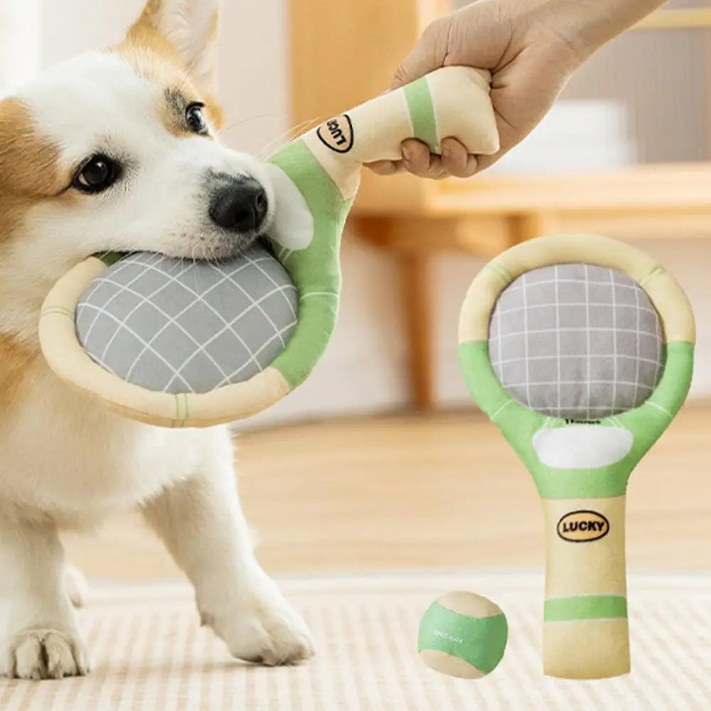 Stuffed Dog Toys Funny Puppy Squeaky Tennis Balls And Racket Set For Teething Chewing Indoor Outdoor Chew Play Dog Toys For