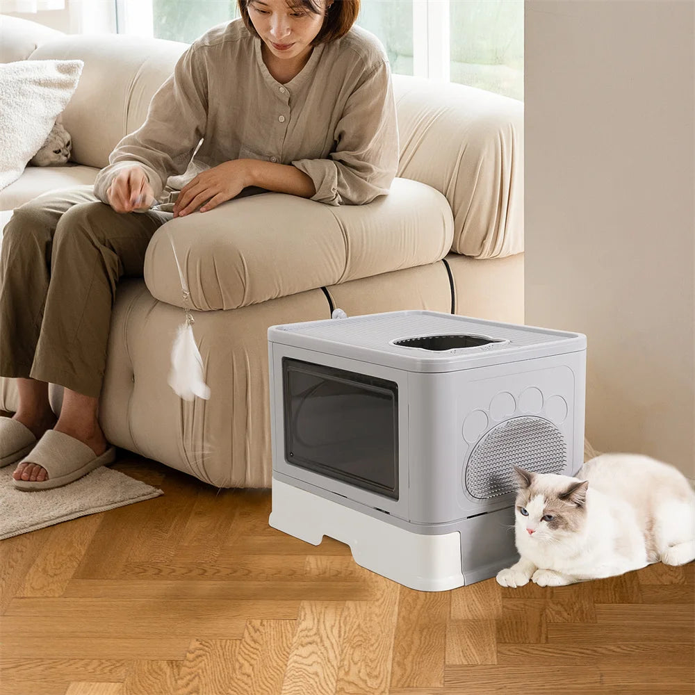 Large Hooded Cat Litter Box Tray Drawer Type Pet Kitty Toilet Top Entry Anti-Splashing Enclosed Potty with Hair Grooming Scoop