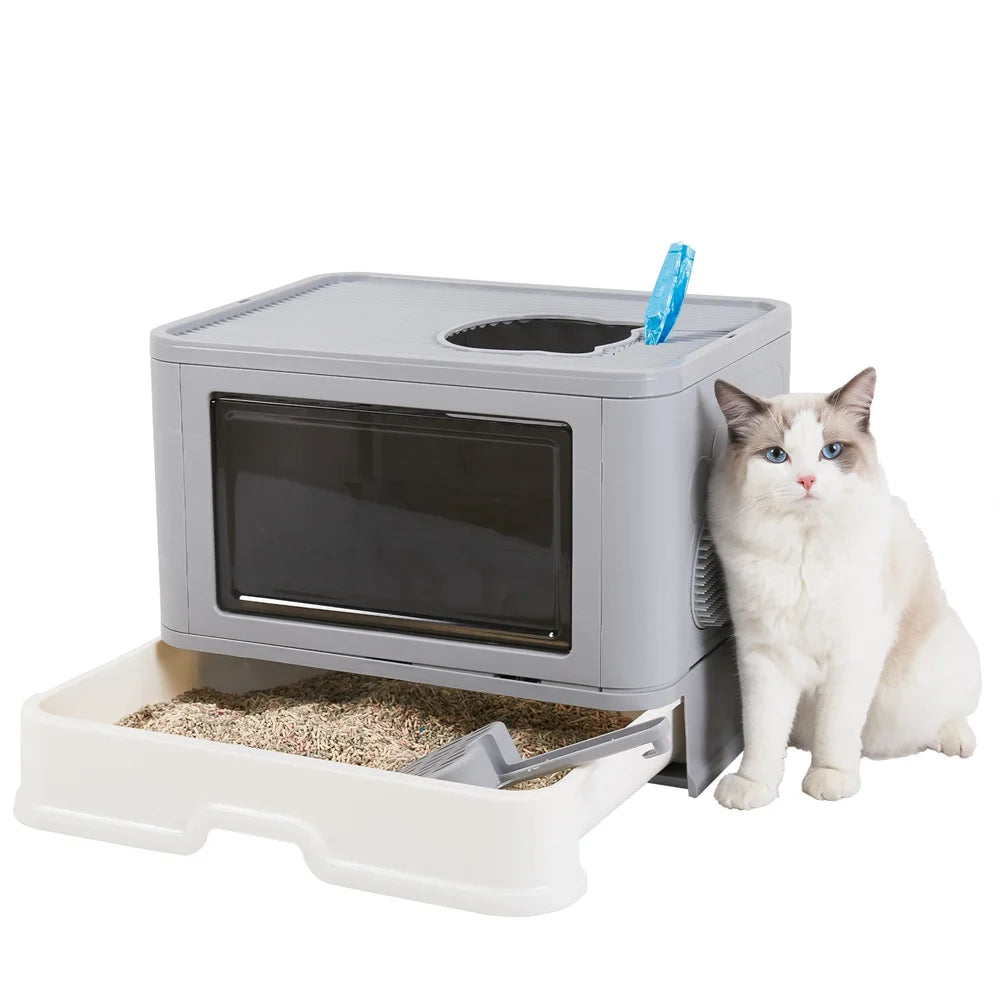 Large Hooded Cat Litter Box Tray Drawer Type Pet Kitty Toilet Top Entry Anti-Splashing Enclosed Potty with Hair Grooming Scoop