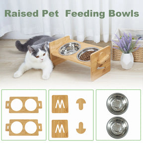 Wooden Raised Cat Bowls, Food Container, Drinking Dish, Bamboo Stand, Stainless Bowl, Height Adjustable