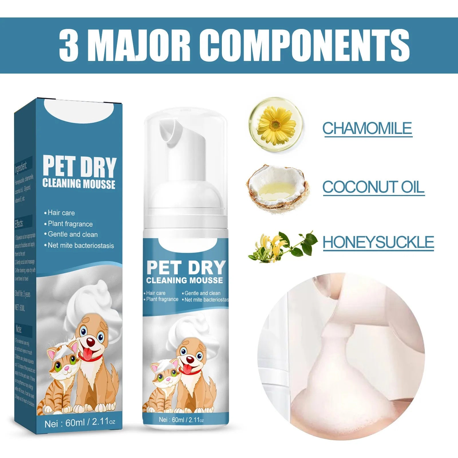 Pet Dry Shampoo Foam Waterless Cleansing For Puppies Odor Eliminator 60ml Dog Show Accessories High Quality Fast Shipping