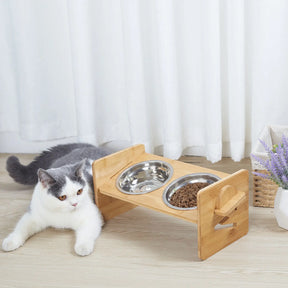 Wooden Raised Cat Bowls, Food Container, Drinking Dish, Bamboo Stand, Stainless Bowl, Height Adjustable