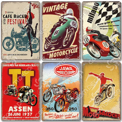 Set of six vintage motorcycle poster metal signs with retro racing designs and colorful motorcycles on distressed tin plates.