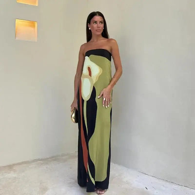 Sexy strapless backless printed long sleeveless summer dress for women