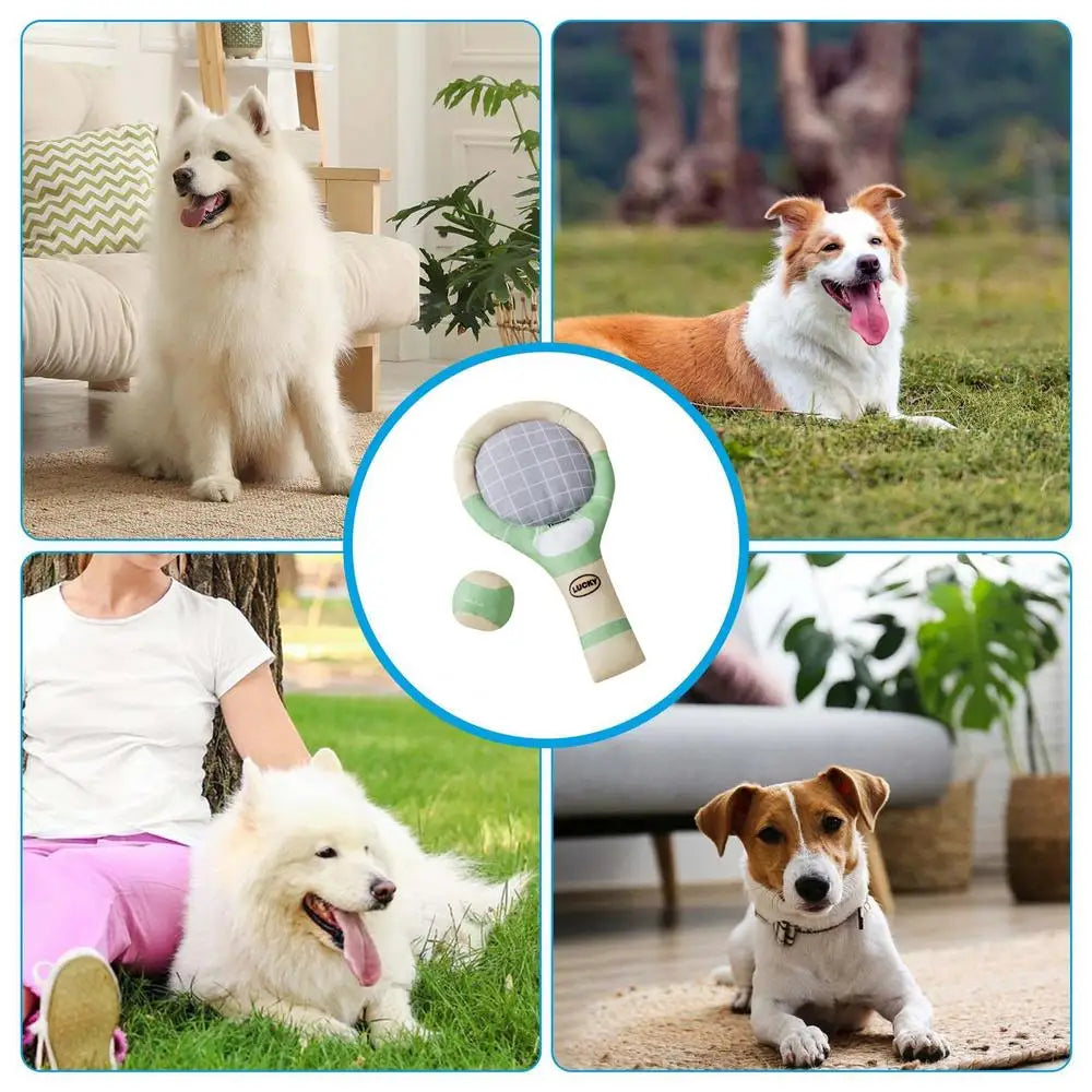 Stuffed Dog Toys Funny Puppy Squeaky Tennis Balls And Racket Set For Teething Chewing Indoor Outdoor Chew Play Dog Toys For