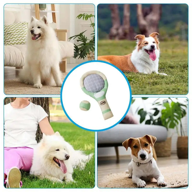 Stuffed Dog Toys Funny Puppy Squeaky Tennis Balls And Racket Set For Teething Chewing Indoor Outdoor Chew Play Dog Toys For