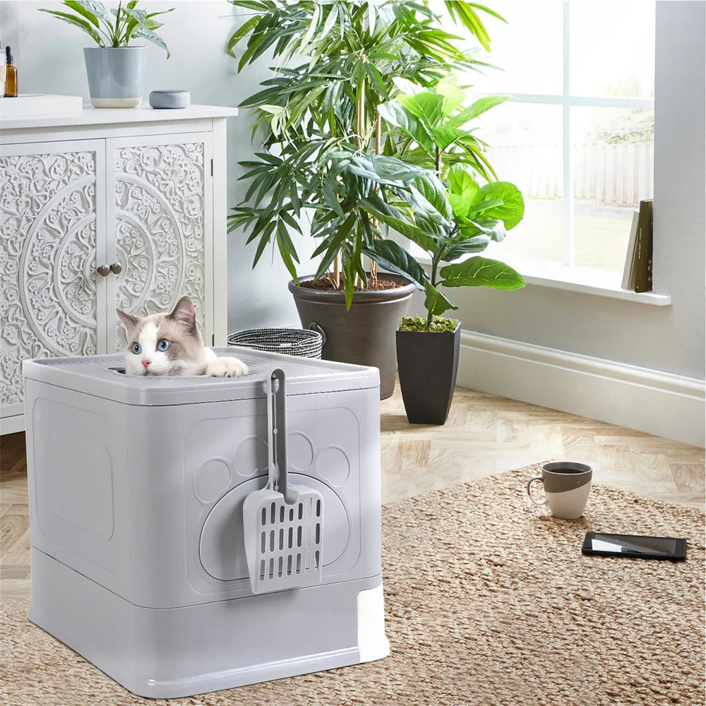 Large Hooded Cat Litter Box Tray Drawer Type Pet Kitty Toilet Top Entry Anti-Splashing Enclosed Potty with Hair Grooming Scoop