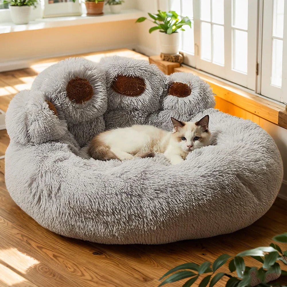 Luxury paw-shaped dog bed plush mat for small to large pets, washable and calming.