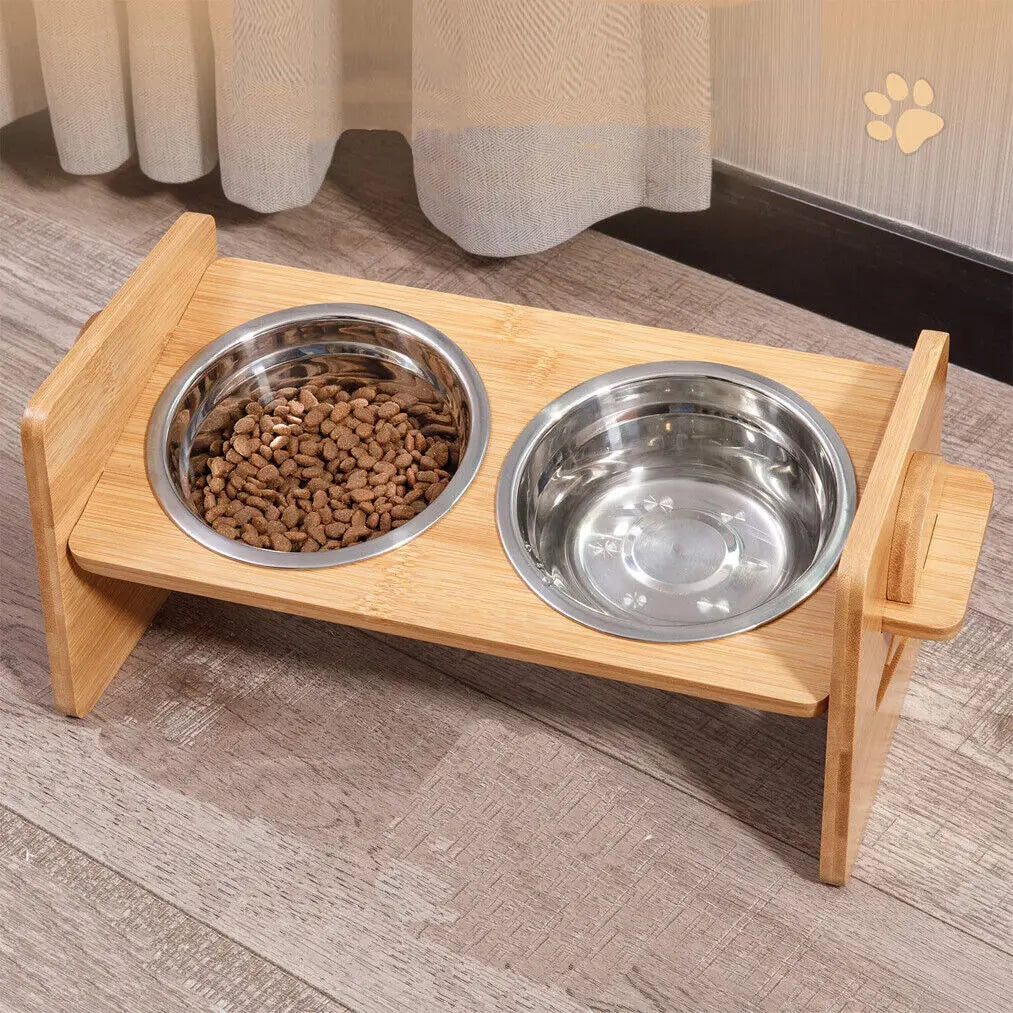 Wooden Raised Cat Bowls, Food Container, Drinking Dish, Bamboo Stand, Stainless Bowl, Height Adjustable