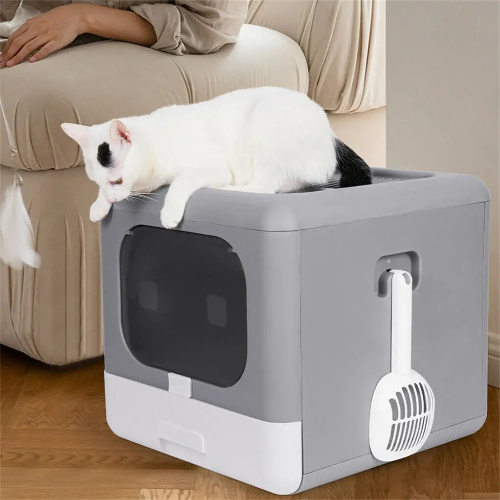 Cat Litter Box with Scoop and Tray, Enclosed, Foldable Kitten Toilet, Detachable Poop, Top Front Entry, Pet Supplies