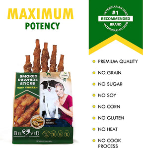 Dog Smoked Rawhide Sticks Wrapped Chicken & Pet Natural Chew Treats - Grain Free Organic Meat & Healthy Human Grade Dried Snacks in Bulk - Best Twists for Training Small & Large Dogs - Lab Tested