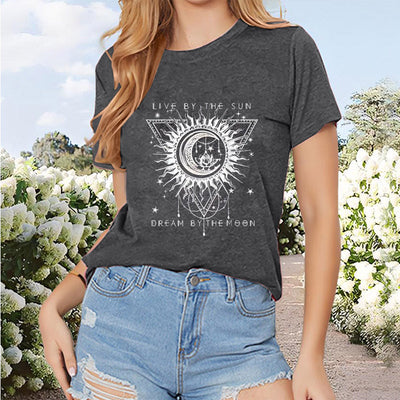 Women's Sun & Moon & Lotus Print T-shirt, casual short sleeve, crew neck, summer top.