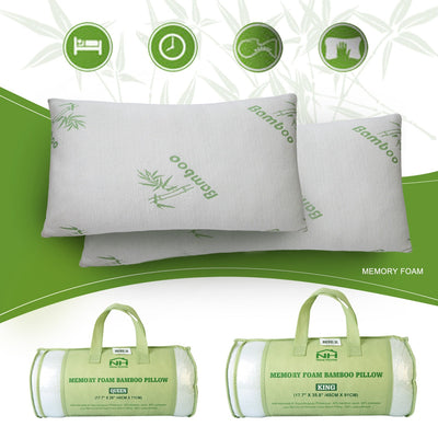 Two white bamboo memory foam pillows with green bamboo print and breathable washable covers, displayed with green carrying bags on a green and white background