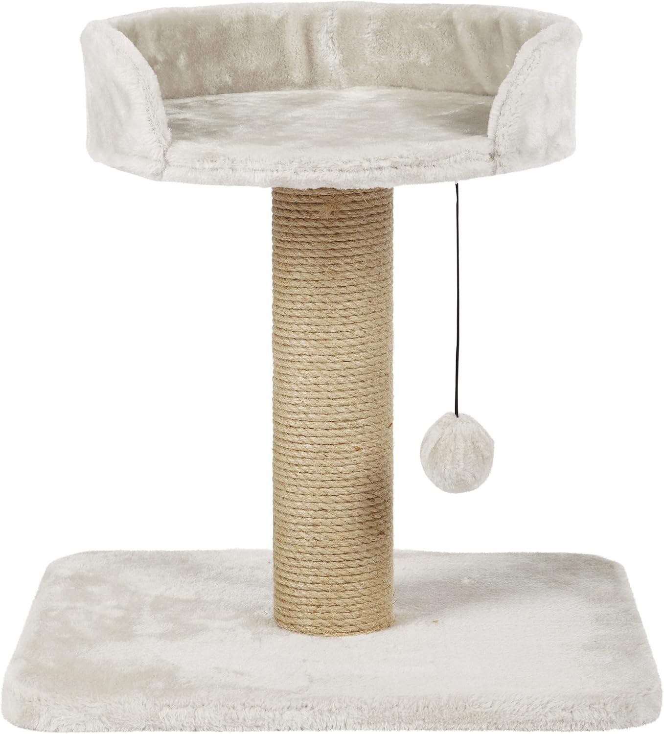 Mica Cat Scratching Post 18.1 Inch - Cat Scratcher with Soft Fabric Covering Base and Durable Sisal Rope - with Padded Platform & Dangling Cat Toy - in Greige
