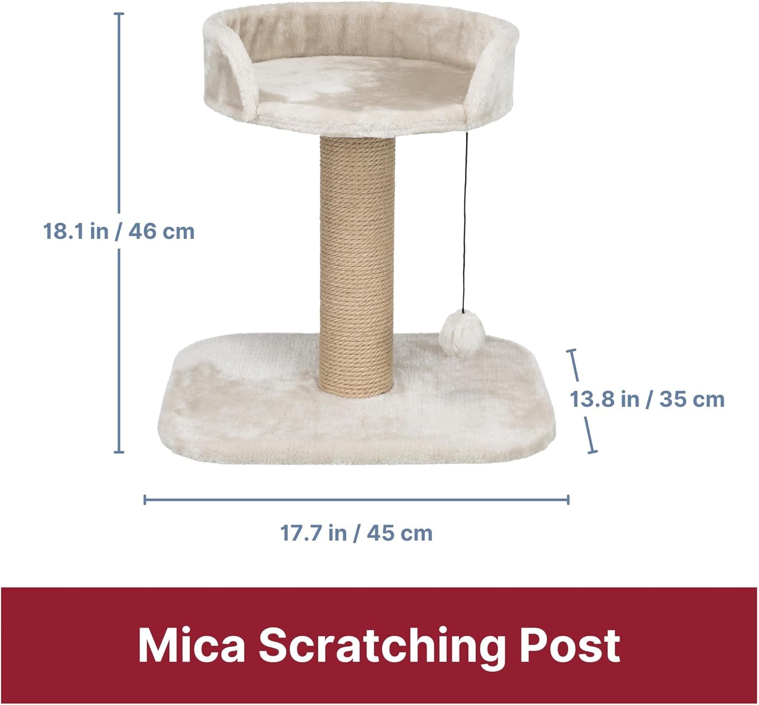 Mica Cat Scratching Post 18.1 Inch - Cat Scratcher with Soft Fabric Covering Base and Durable Sisal Rope - with Padded Platform & Dangling Cat Toy - in Greige