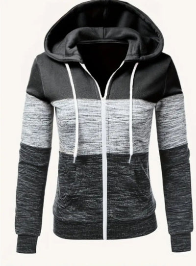 Women's color block zip-up hoodie in black and grey tones.