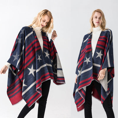 Mid-length cashmere cape split shawl with star and stripe print, suitable for men and women, used as an air conditioning blanket.