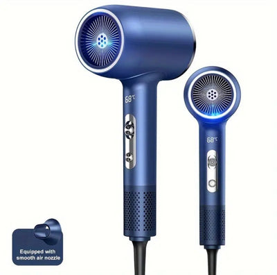 2400 watt high-power blue hair dryer with smooth air nozzle and temperature display