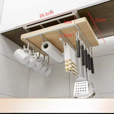 Under Shelf Storage Rack in stainless steel and wood hanging under cabinet with hooks for cups, paper towel, and kitchen utensils