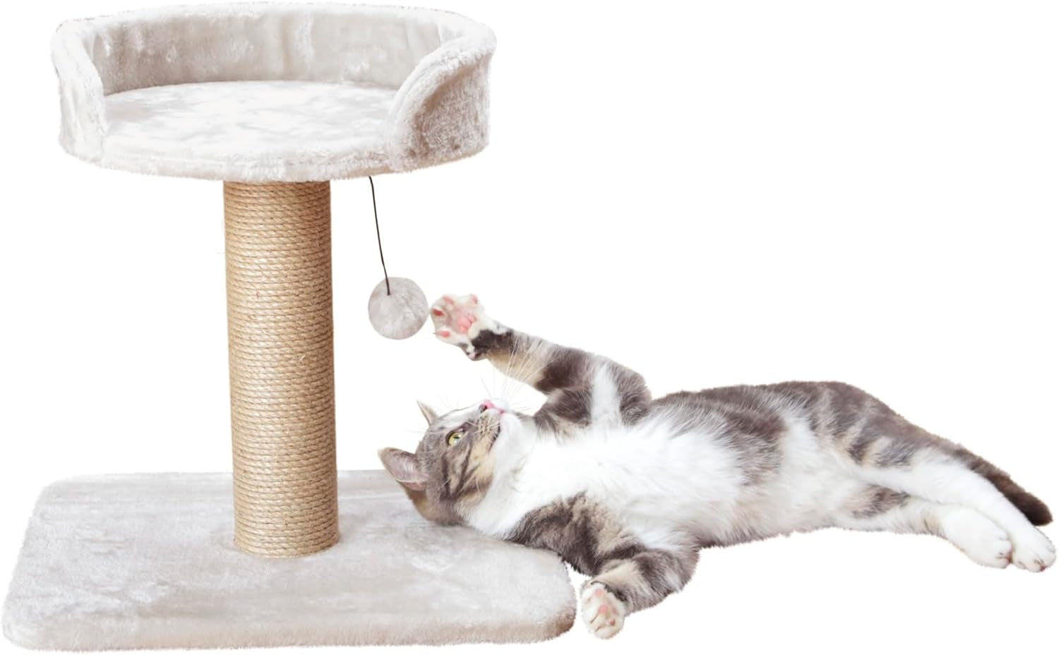 Mica Cat Scratching Post 18.1 Inch - Cat Scratcher with Soft Fabric Covering Base and Durable Sisal Rope - with Padded Platform & Dangling Cat Toy - in Greige